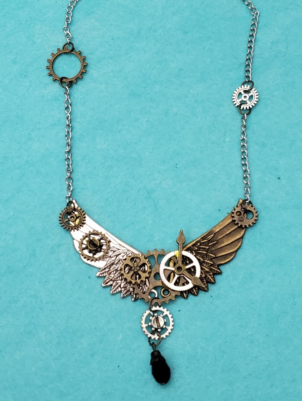 Silver And Bronze Tone Metal Steampunk Wings Statement Necklace